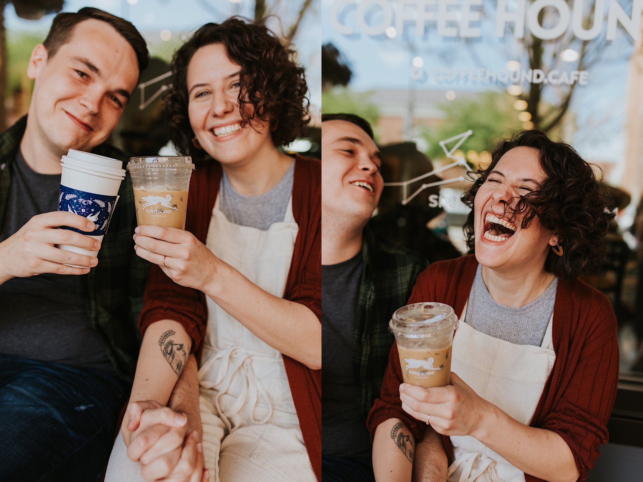 Engaged couple sits and laughs loud sitting outside a coffee shop in Normal Illinois