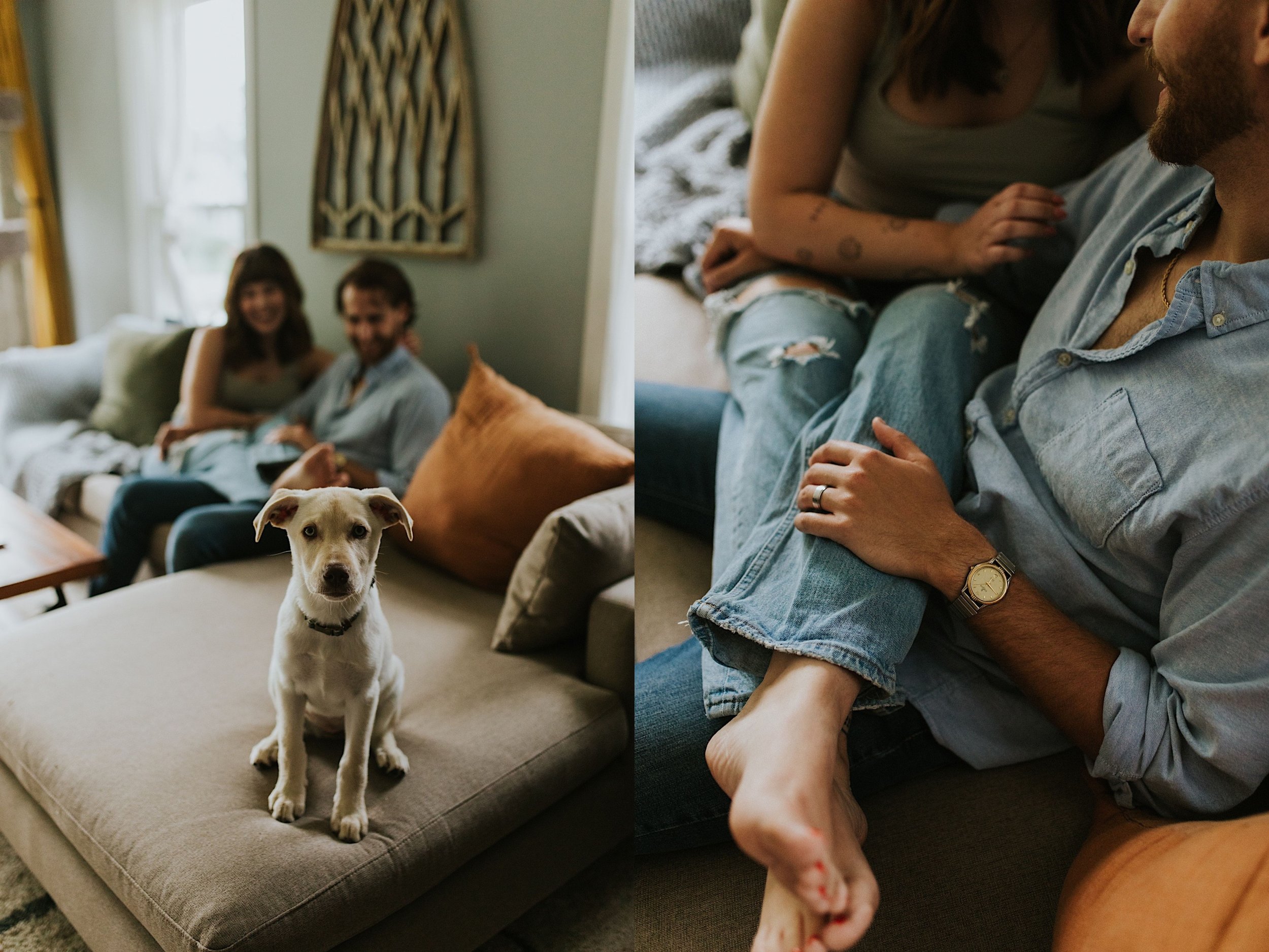 Right side image is of a dog sitting on the edge of the couch while their owners sit behind them smiling.  The left side image is a close up image of a husband holding the leg of his wife while they sit on the couch together.