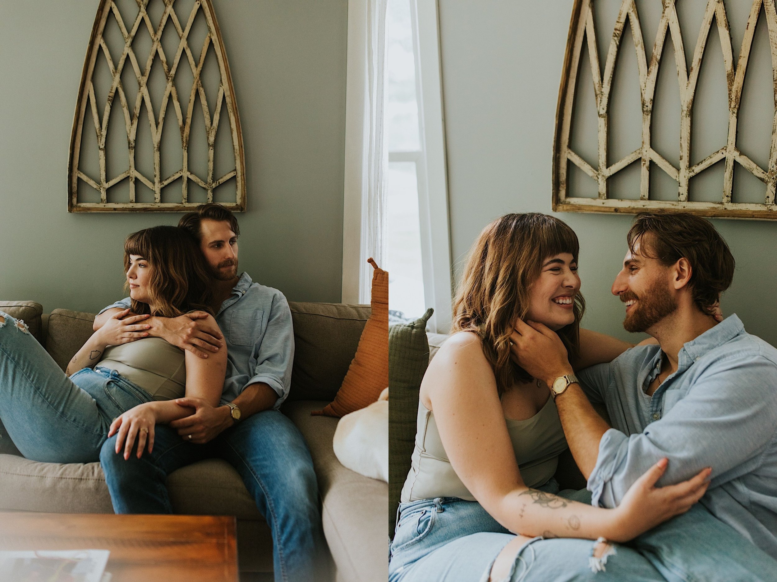 The left side image is of a married couple sitting on the couch together looking in opposite directions.  The right side image is of a married couple sitting on the couch in their home laughing together and looking at one another.