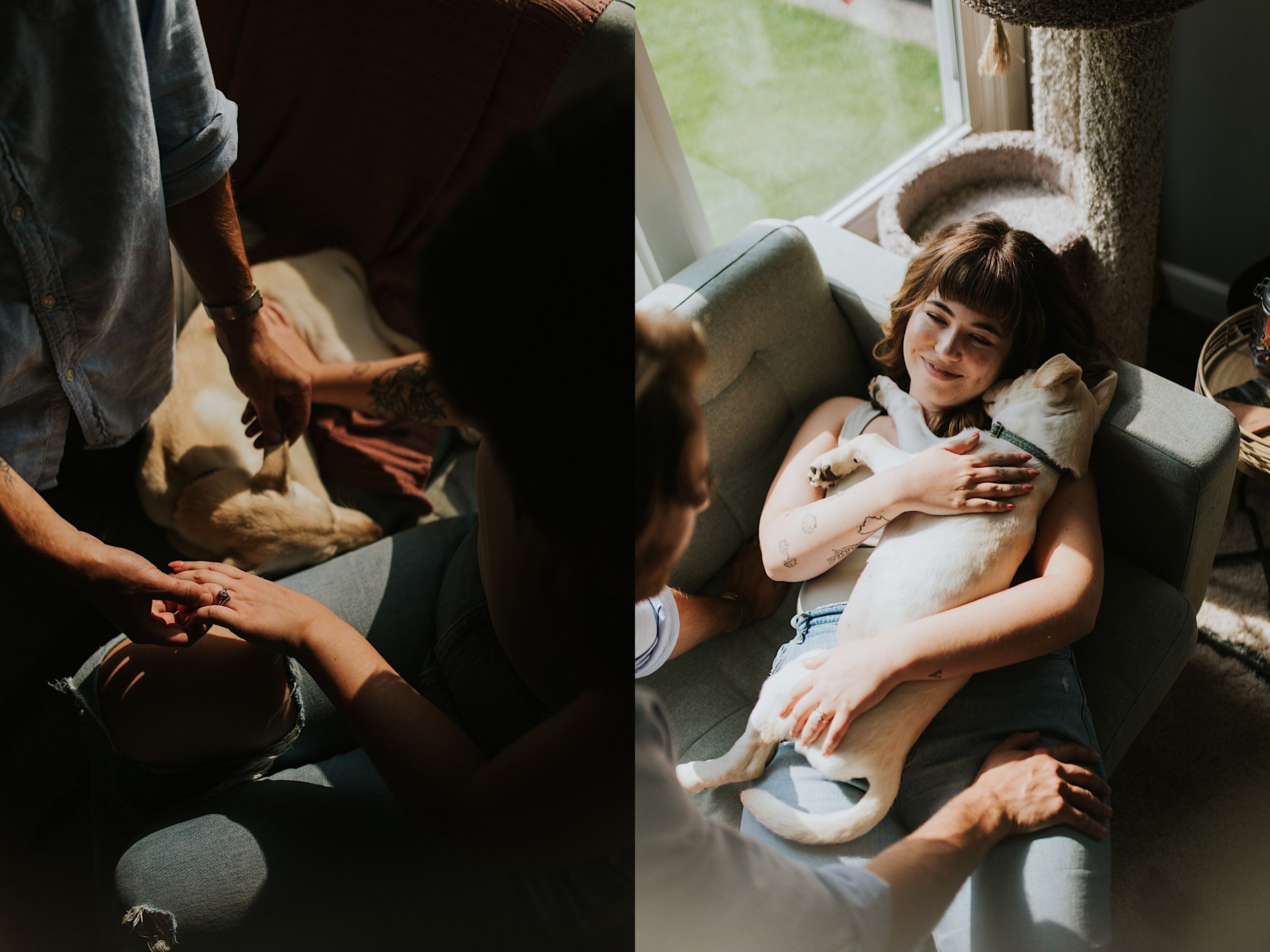 Left image is of a married couple holding hands, the image is shadowy except for their hands.  The right image is a wife holding her pup while smiling at her husband in the forefront of the image.