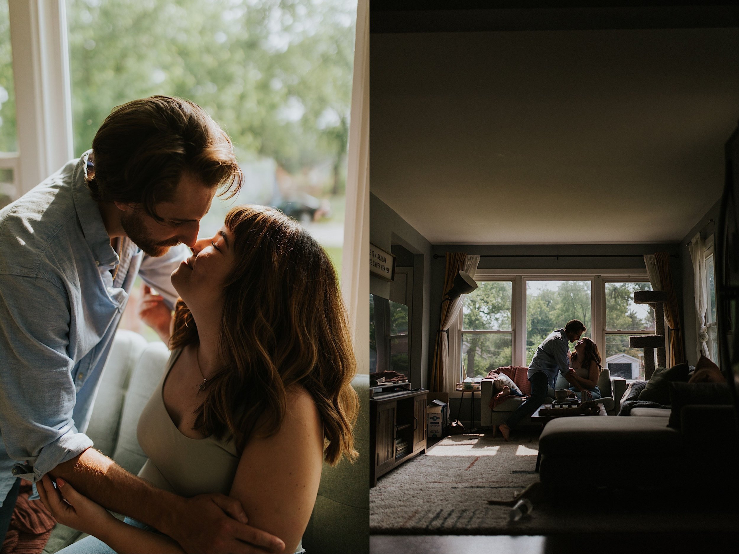 Left image is a close up image of a couple almost kissing while holding each other in front of their living room window.  The right image is of a couple almost kissing in front of their living room window, you can see their entire living room as well