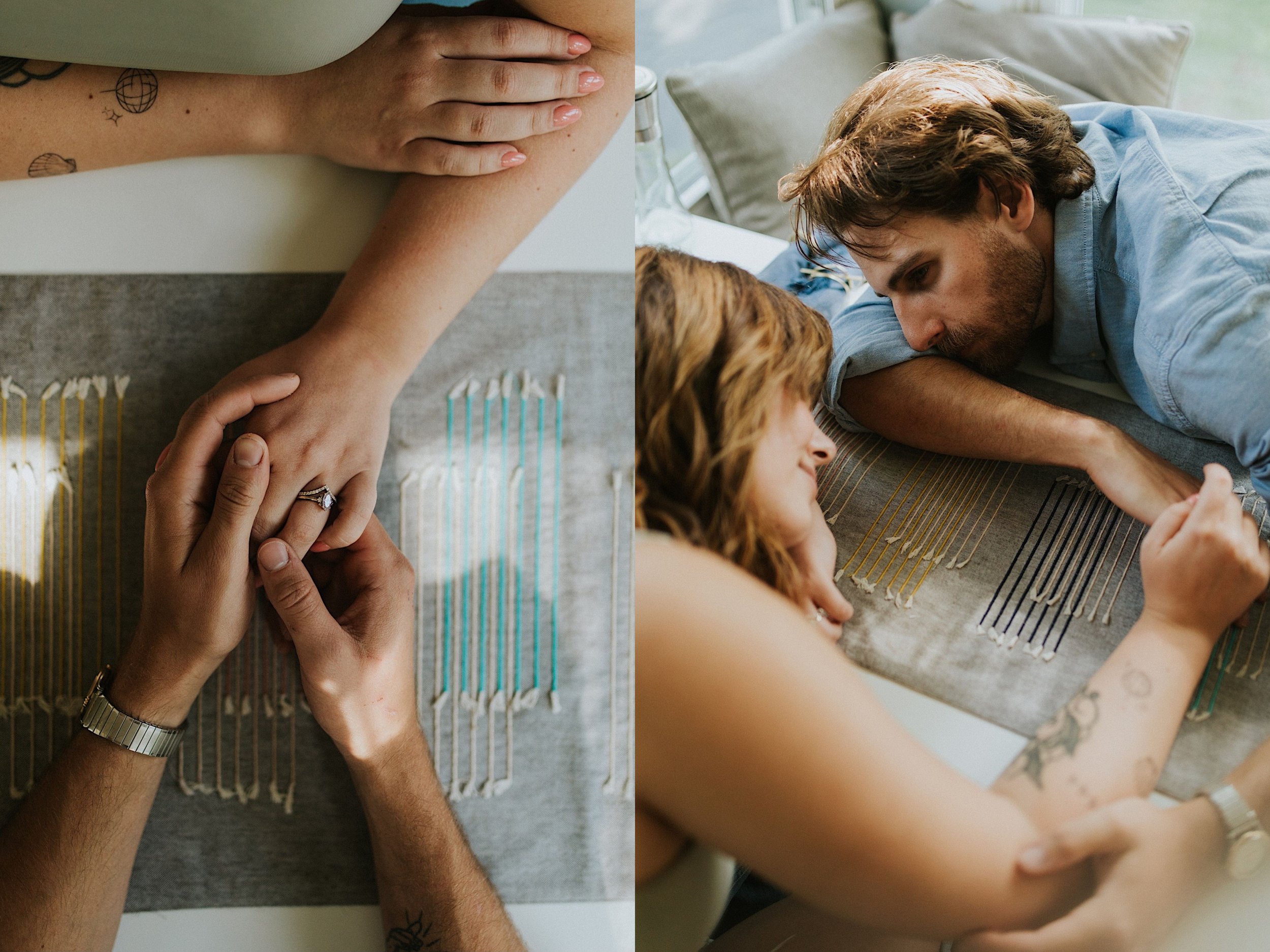 The left image is of a married couple holding hands over their kitchen table.  The right image is of a married couple laying and leaning over the kitchen table.  The husband is looking at his wife.