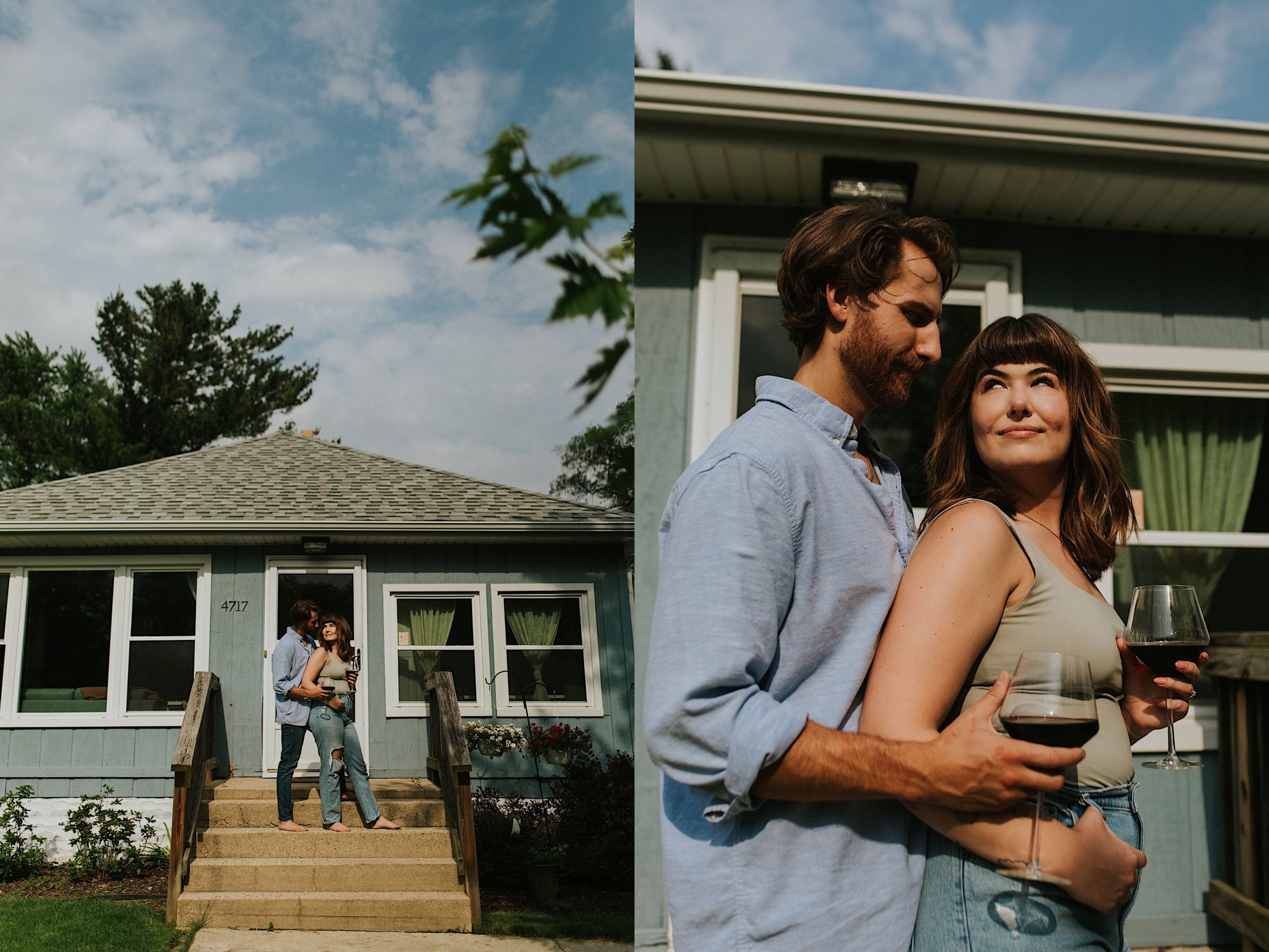 Left image, a married couple stands on their front porch while holding glasses of wine.  The husband stands behind his wife while they look at each other.  Right image, a close up image of a husband and wife standing on their front porch with wine.