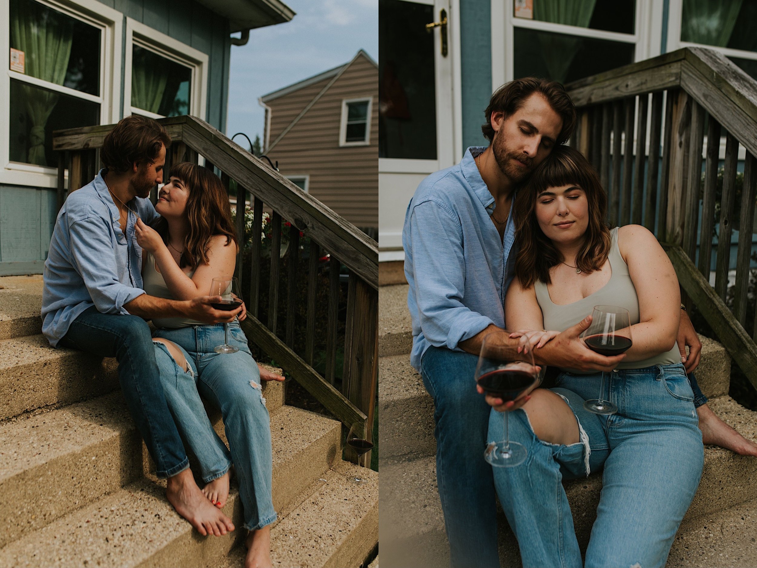 A married couple sits on the front steps of their home during their in-home session in the Chicago suburbs sipping wine together.