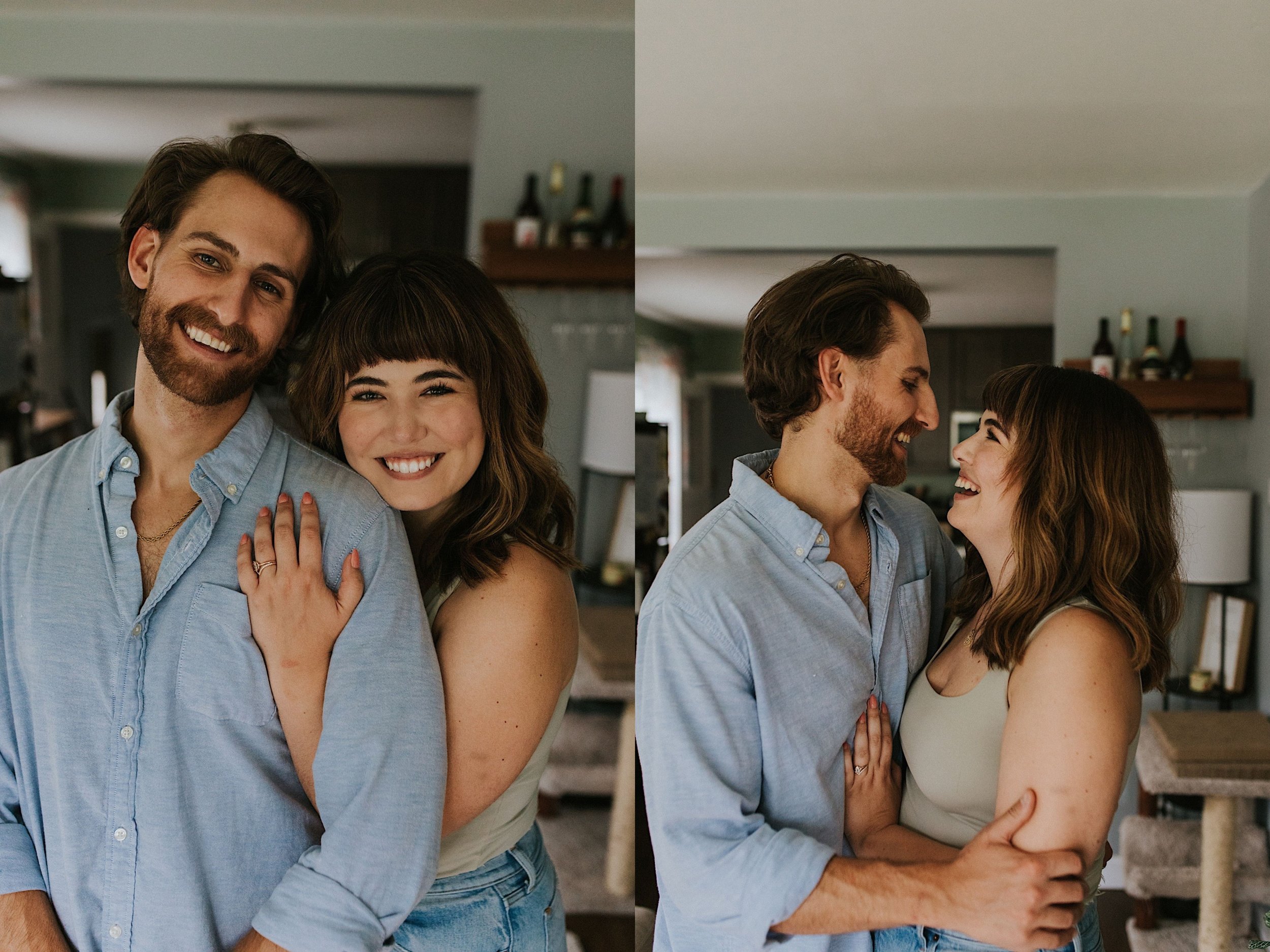 A couple smiles at the camera and holds one another.  Right image, a couple holds one another and laughs while looking at each other during their engagement session.