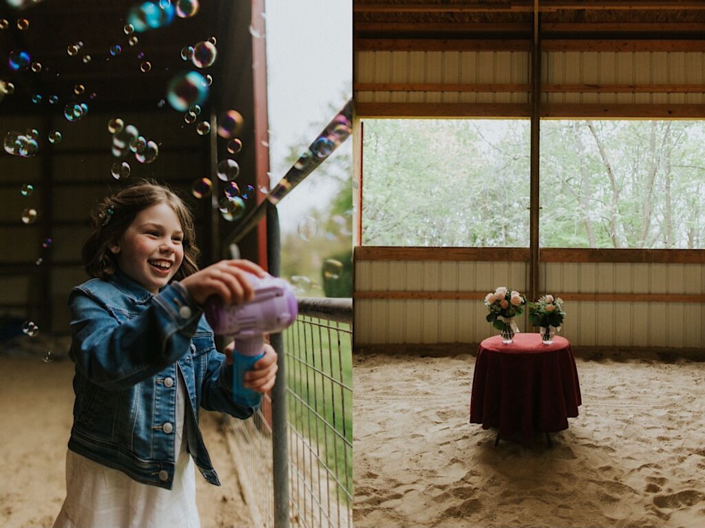 Two photos side by side, the left is of a girl with a bubble gun laughing as she shoots bubbles out of it, the right is of a small table in a barn with two vases with flowers in them on it