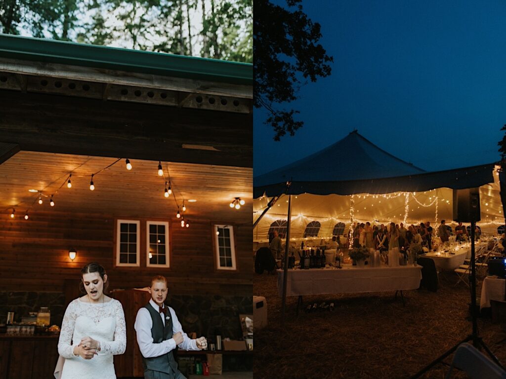Two photos side by side, the left is of a bride and groom dancing under string lights, the right is of a wedding reception underneath a tent with string lights