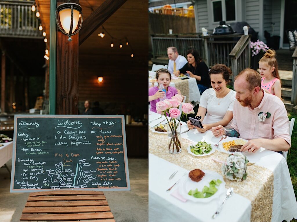 2 photos side by side, the left is of a chalkboard with a map and itinerary for a wedding day, the right is of wedding guests sitting at a table in a backyard while eating and looking at a phone