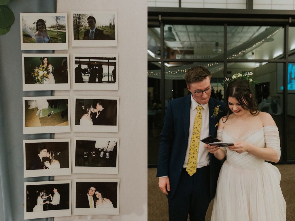 Two photos side by side, the right is a collage of polaroid photos taken of a bride and groom during their wedding night, the right photo is of the bride and groom smiling while looking at the polaroid photos together