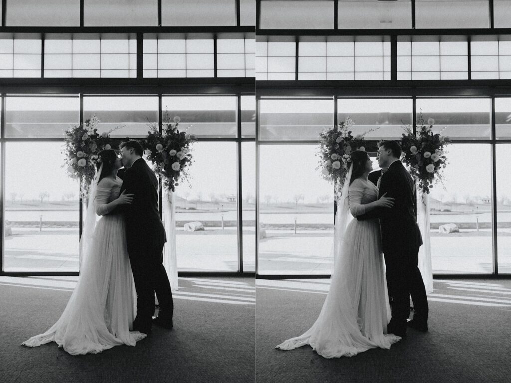 Two black and white photos side by side, the left is of a bride and groom kissing during their wedding ceremony and the right is of them looking at one another shortly after the kiss