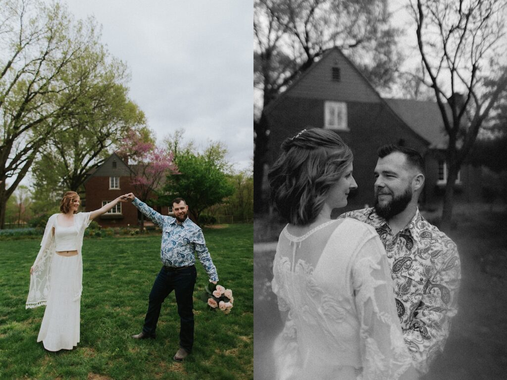 2 side by side photos, the left is of a bride and groom standing in a backyard and holding hands while posing for the photo, the right is a black and white photo of the bride and groom embracing and smiling at one another in their backyard