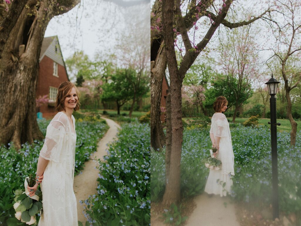 2 photos side by side of a bride walking through a path in her backyard that is lined with flowers before her wedding day