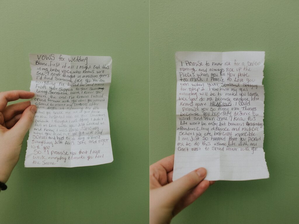 two side by side photos of wedding vows on a piece of paper held up to a green wall background