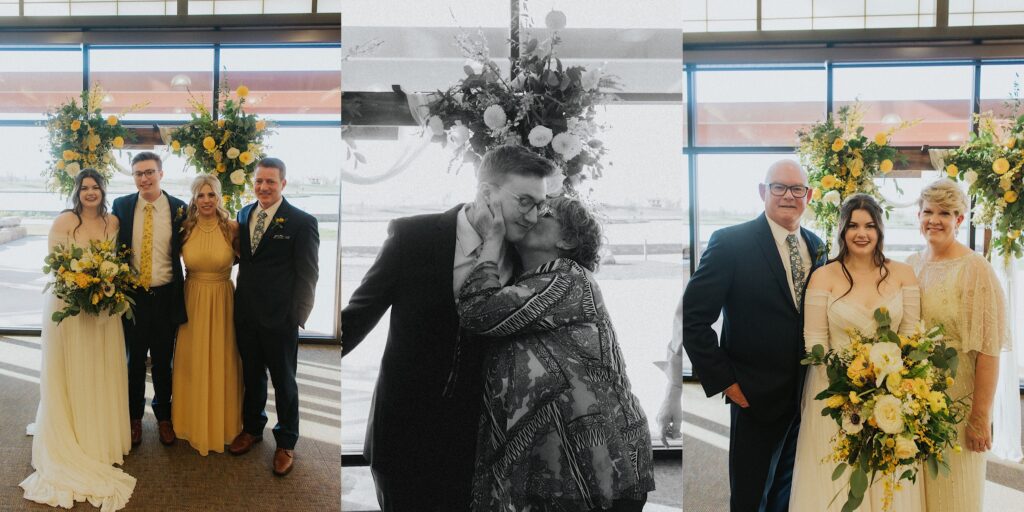 Three side by side photos, the left is of a bride and groom standing with the groom's parents, the middle is black and white and is of the groom getting a kiss on the cheek from his grandmother, the right photo is of the bride smiling while standing with her parents