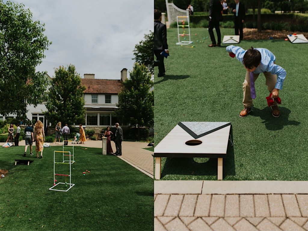 Two photos side by side, the left is of a backyard wedding with yard games set up and people mingling, the right is of a child about to throw a bean bag onto a bean bag board during a backyard wedding reception