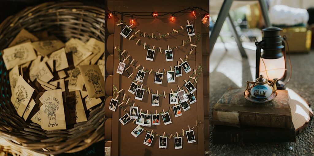 3 photos side by side, the left is of a basket with seed packets as wedding favors, the middle is of a board with clothes pins on it with polaroid's from the guests, and the right is of a lantern and a genie bottle on a book