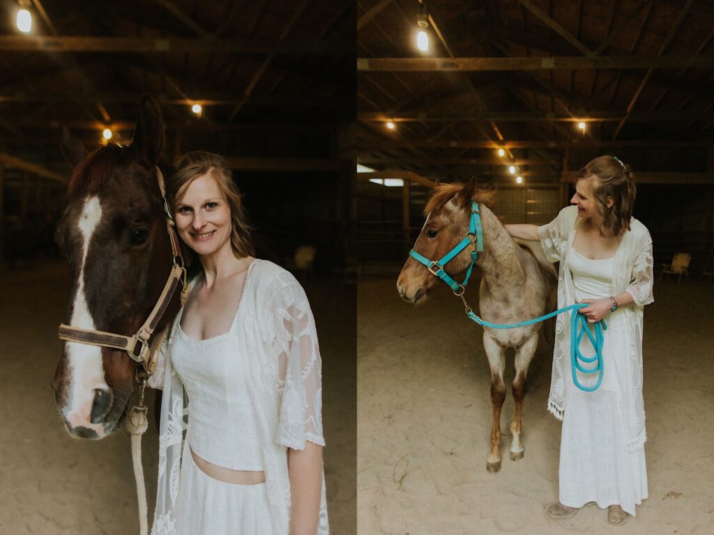 w photos side by side of a bride standing with a horse in a barn before her wedding day