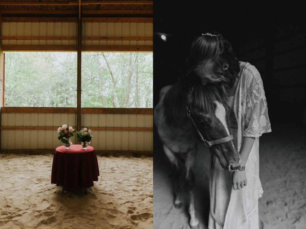 2 photos side by side, the left is of a table with 2 flower vases on it in a barn, the right is a black and white photo of a bride cuddling with a small horse