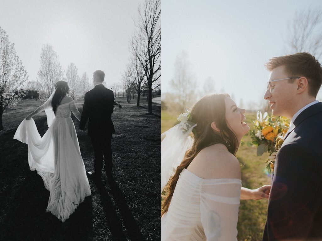 Two side by side photos of a bride and groom in a field, the left is black and white and they are facing away from the camera, the right they are smiling at each other as the sun sets behind them