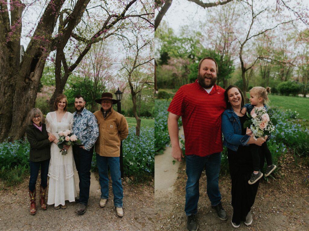 2 side by side photos, the left is of a bride and groom smiling at the camera in their backyard with their family members, the right is of a man and woman smiling at the camera while holding their daughter