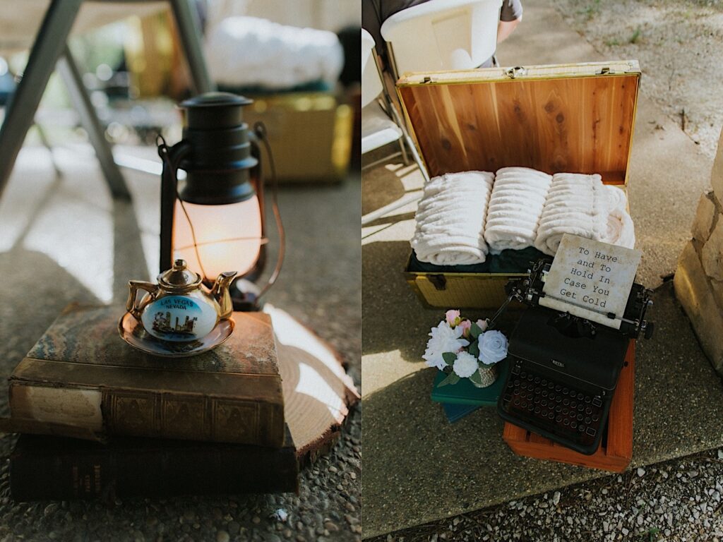 2 photos side by side, the left is of a genie bottle on a book with a lantern behind it, the right is of a type writer with a paper saying "to have and to hold in case you get cold" behind the type writer are small blankets in a chest