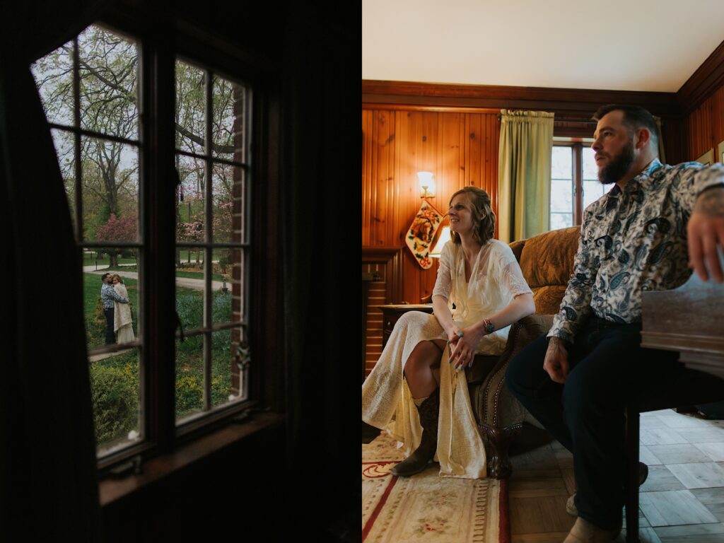 2 photos side by side, the left is of a bride and groom hugging in their backyard and the photo is taken through a window, the right is of the bride and groom inside their home sitting in their living room looking at something off camera