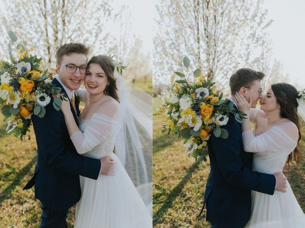 Two side by side photos of a bride and groom in a field, the left they are embracing and smiling at the camera, the right they are embracing while also touching their noses together and smiling