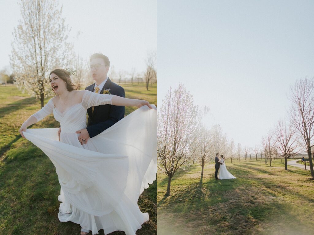 Two side by side photos of a bride and groom in a field, the left is a close up of them posing like the titanic scene with the brides arms out and the groom holding her from behind, the right they are far away and embrace while looking at one another
