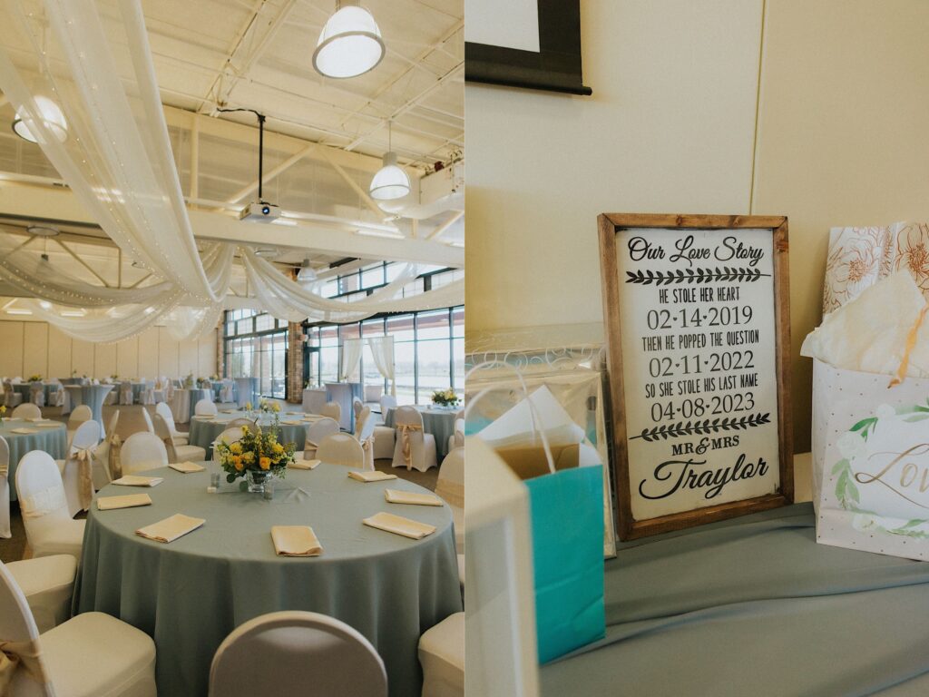 Two side by side photos, the left is of an indoor space set up for a wedding reception, the right is of a sign that says "our love story" with significant dates from the couple's relationship
