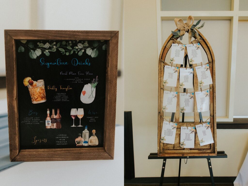 Two photos side by side, the left is of a chalk board drink menu at a wedding, the right is of a wooden window with pieces of paper with table numbers on it for wedding guests to know where to sit