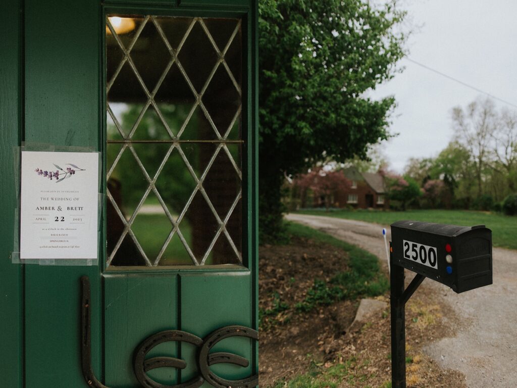 2 photos side by side, the left is of a green wall with a piece of paper with details for a wedding on it, the right is of a driveway with mailbox in front of it reading "2500"