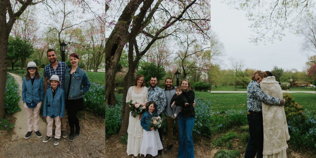 3 photos side by side, the left is of 4 guests to a backyard wedding smiling at the camera, the middle is of the bride and groom and their daughter posing with some of their guests in their backyard, and the right is of the groom hugging the bride in their backyard as she has a white blanket draped over her