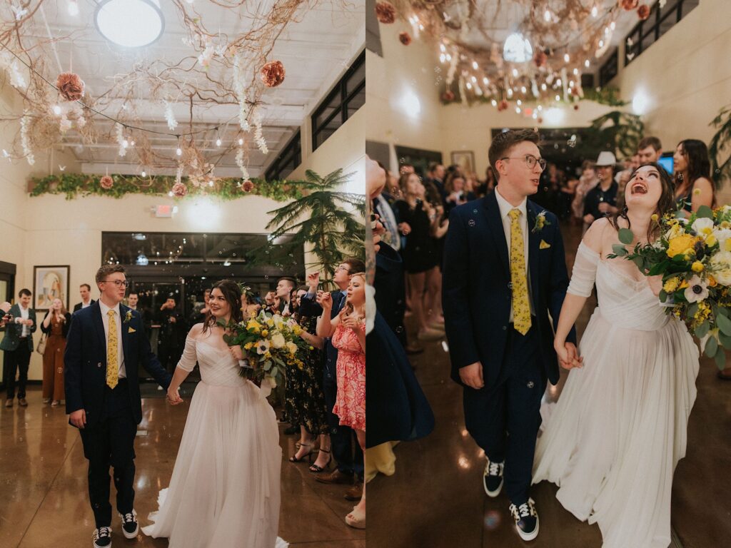 Three photos side by side of a bride and groom leaving their wedding reception with their guests blowing bubbles on either side of them as they leave, the left is of them smiling while the left is of them closer to the camera and the bride is laughing while looking up