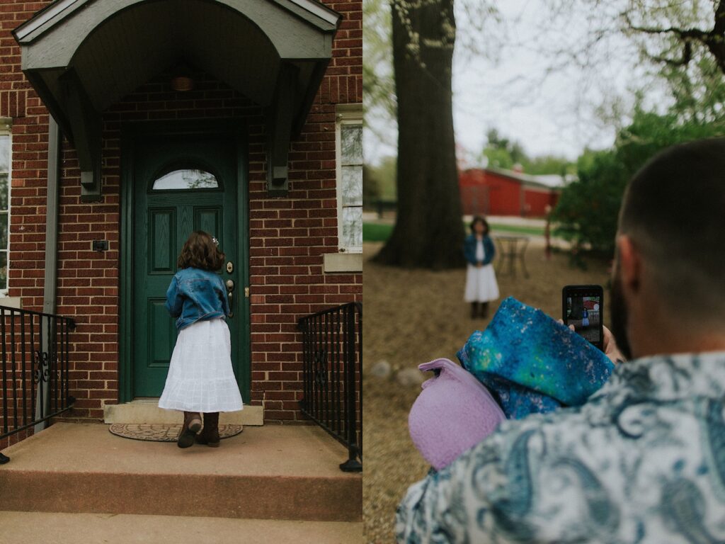 2 photos side by side, the left is of a young girl in a dress standing in front of a green door of a brick home, the right is of a father taking a photo of the young girl on his phone as she stands next to a tree
