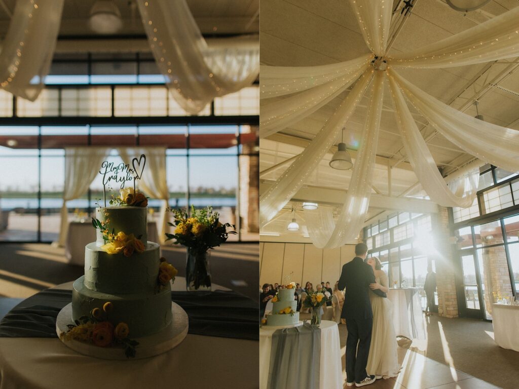 Two side by side photos, the left is of a wedding cake on a table at an indoor wedding reception, the right is of a bride and groom sharing their first dance at their indoor venue space