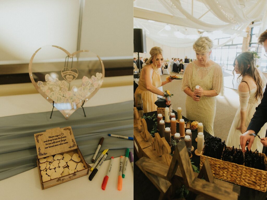 Two photos side by side, the left is of a box of small wooden hearts for guests of a wedding to write their names on and then put in a larger glass heart, the right photo is of guests looking over the décor and sauces at a table at a wedding reception