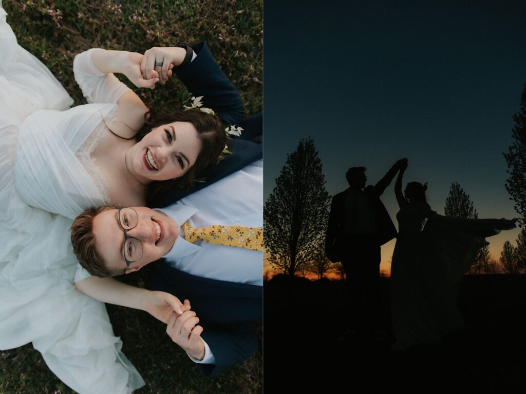 Two side by side photos of a bride and groom, the left is a top down photo of them smiling up at the camera while laying in the grass, the right is a silhouette of them dancing 