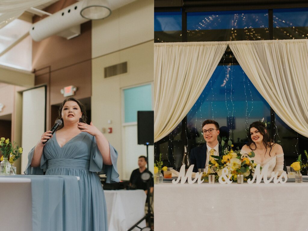 Two side by side photos, the left is of a bridesmaid talking with a microphone next to table, the right is of the bride and groom sitting at their head table in front of a window smiling during the speech