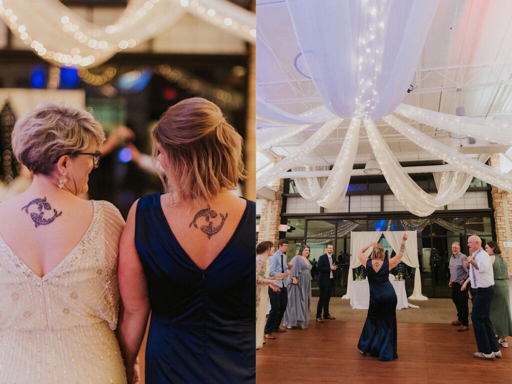 Two photos side by side, the left is of two women facing away from the camera with matching fish tattoos on their backs, the right is of the woman on the right from the previous photo dancing during a wedding reception