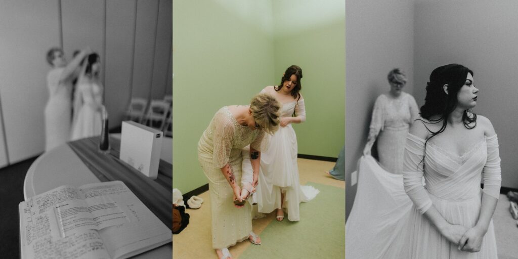 Three photos side by side, the right is a black and white photo of a book and in the background a mother puts a veil on her daughter, the middle photo is in color and is of the mother putting on her daughters shoes for her wedding, the right is a black and white photo of a bride in her wedding dress with her mother behind her holding the bottom of the dress