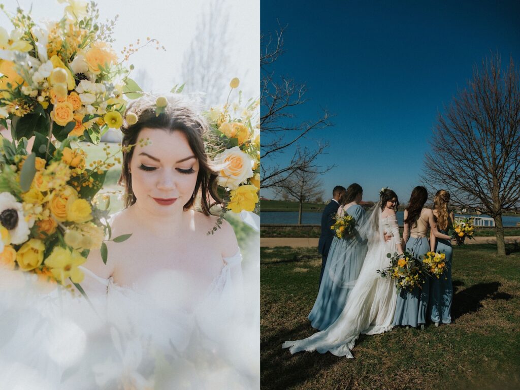 Two photos side by side, the left is a portrait of a bride with yellow flowers on either side of her head, the right is of a bride looking over her shoulder surrounded by the 4 members of her wedding party looking away from the camera at a nearby lake