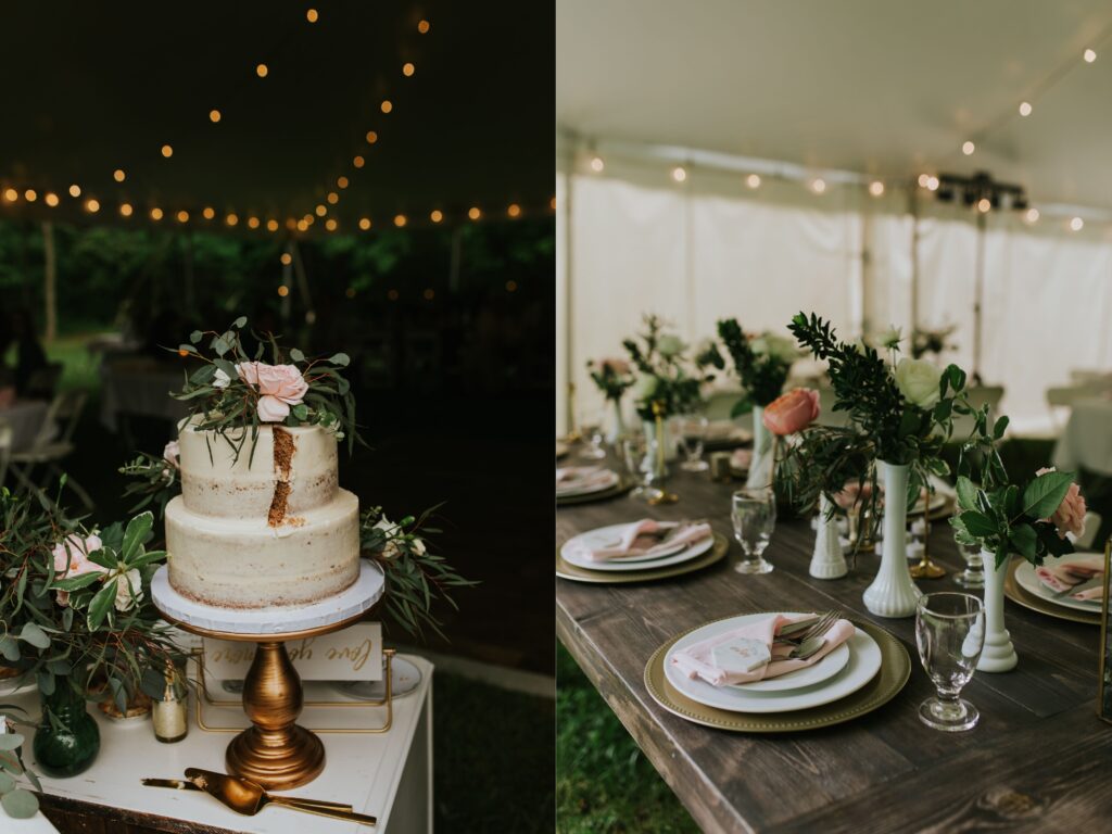 2 photos side by side, the left is of a wedding cake underneath a tent that has had a piece cut out of it, the right is of a table set up and decorated for a wedding reception under a tent