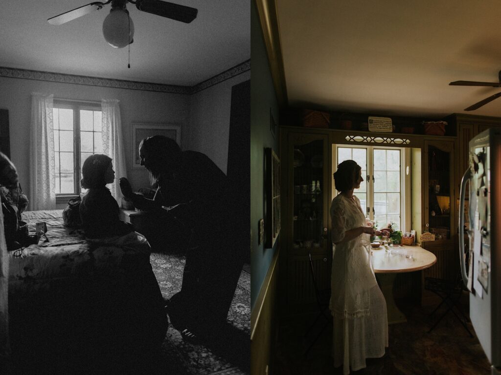 2 photos side by side, the left is a back and white photo of a young girl sitting on a bed as a woman helps put her makeup on, the right is of a bride in her wedding dress standing in a kitchen with a drink in her hand