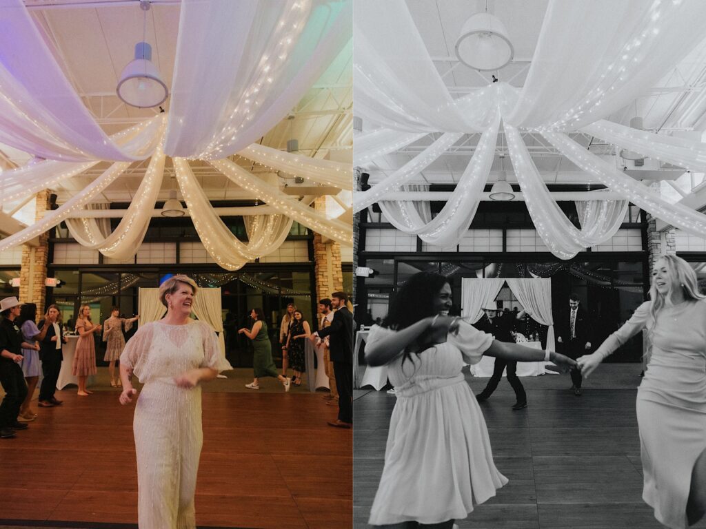 Two photos side by side, the left is of a woman on the dancefloor of a wedding reception smiling, the right is a black and white photo of two women holding hands and smiling while dancing during a wedding reception