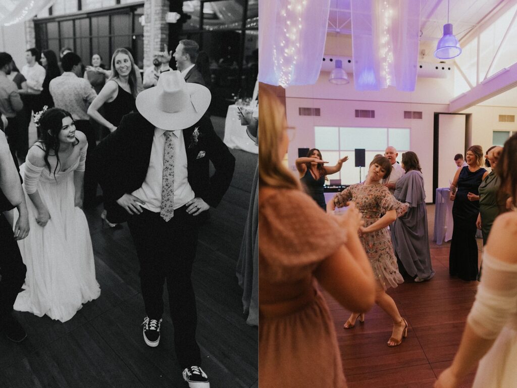 Two photos side by side, the left is in black and white and is of the bride of a wedding smiling while watching a man in a cowboy hat dance next to her, the right photo is of a woman dancing in a dance circle during the wedding reception