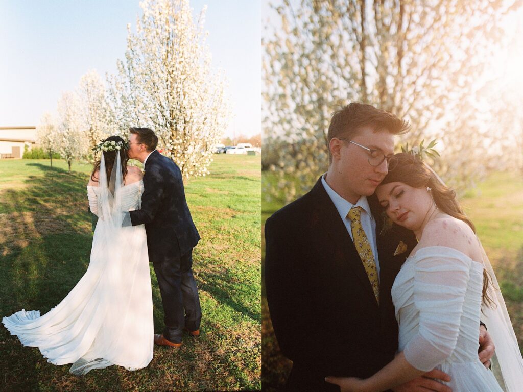 2 film photos side by side, the left is of a bride and groom in a field facing away from the camera as the groom kisses the bride's cheek, the right is of the same couple embracing with their eyes closed in the field as the sun sets behind them