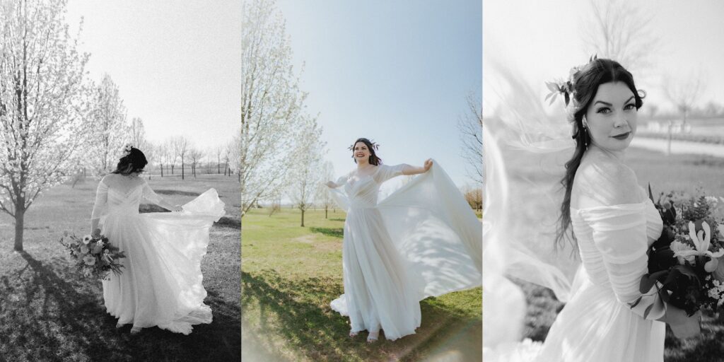Three photos side by side, all three are portraits of a bride in her wedding dress standing in a field for wedding portraits doing different poses, the left and right are black and white while the middle is in color