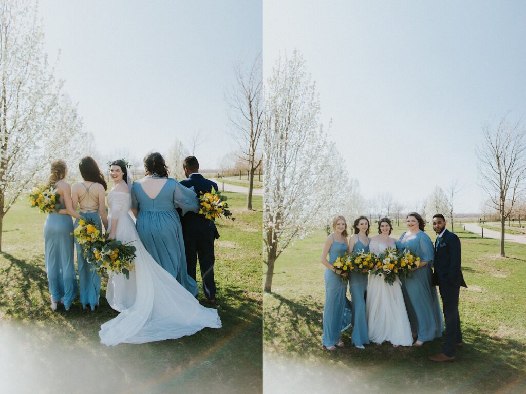 Two photos side by side of a bride with her 4 wedding party members, the left photo they are all facing away from the camera and the bride is looking over her shoulder, in the right photo they are all smiling and facing the camera