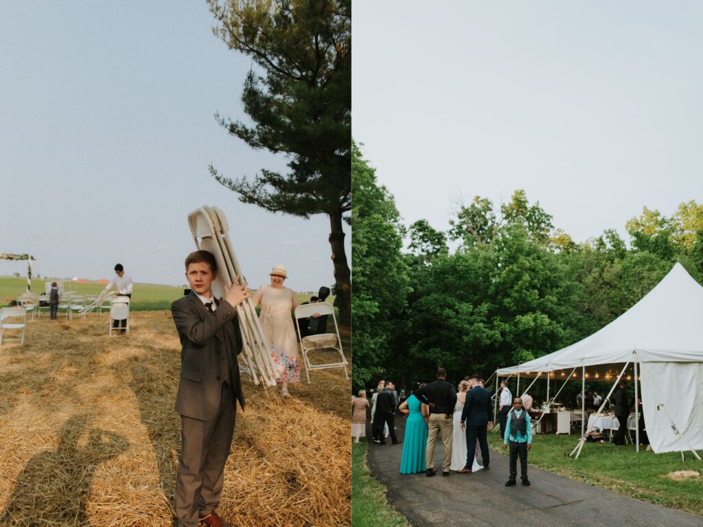 2 side by side photos, the left is of a man carrying 3 fold up chairs after a wedding ceremony in a field of hay, the right is of wedding guests standing outside of a tent set up for a wedding reception