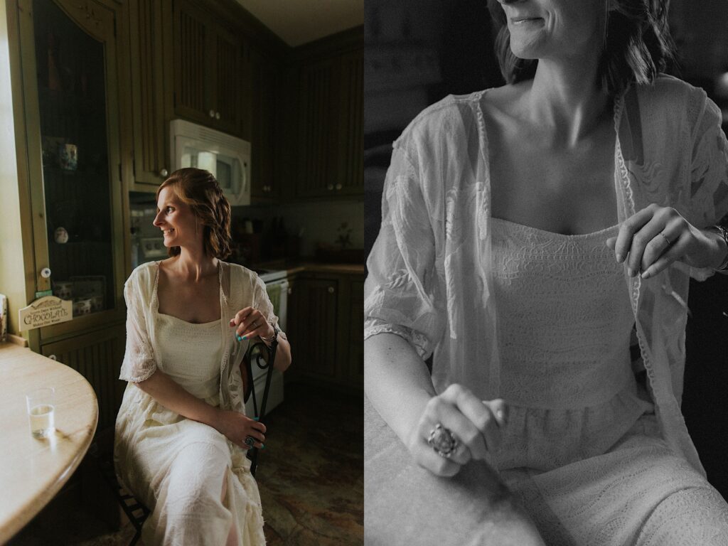 2 photos side by side, the left is of a bride sitting at a table in a kitchen smiling out the window, the right photo is black and white and is of the same woman but a close up of her torso